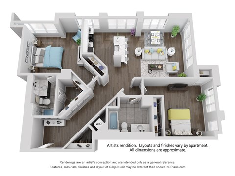 Floor plan for 2 beds, 2 baths, 1373 sqft